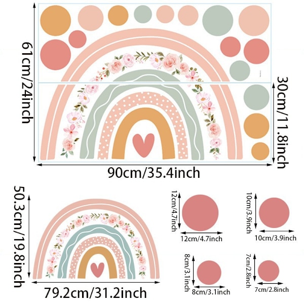 Regnbåge Väggdekal Boho Prickar Väggdekor Rosa Blommor Väggdekal för Baby Girls Sovrum Barn Barnhem Väggdekoration
