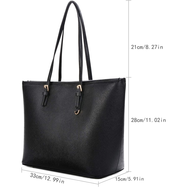 Håndtasker til kvinder, sort taske, stor håndtaske, dame skuldertaske, elegant håndtaske, taske med justerbar lynlås shoppingrum (sort)