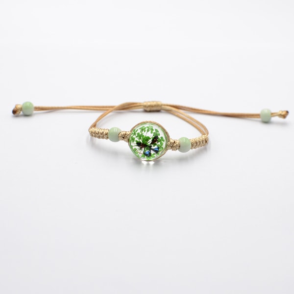 Glaskeramiskt armband, ädelstens-torkad blomma flätat armband för kvinnor, flickor (grön)