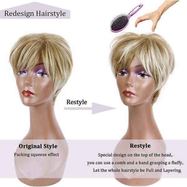 Kort blond peruk kvinners naturlig blond kort nisseperuk syntetisk hår peruk for kvinner (blond blanding brun)