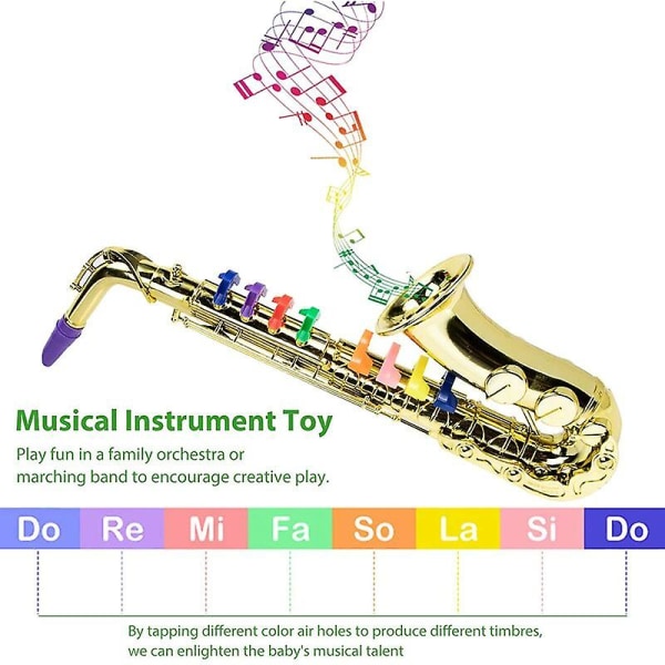 Saxofon Legetøj Musikblæseinstrumenter til børn Metal saxofon musikinstrument til førskolebørn med 8 farverige tangenter Performance Accesso