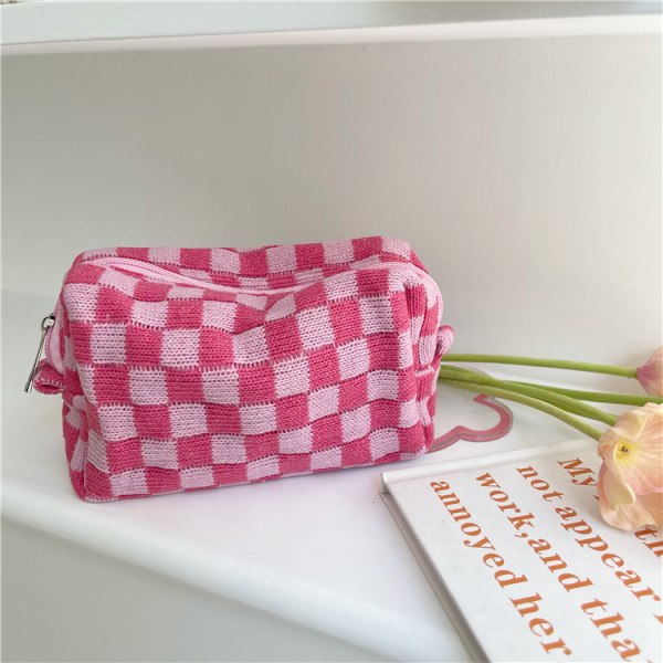 Checkerboard Lattice Makeup Bag Knitted Fabric Women