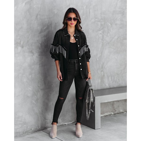 Avslappet denimjakke med frynser for kvinner Svart Svart Black S