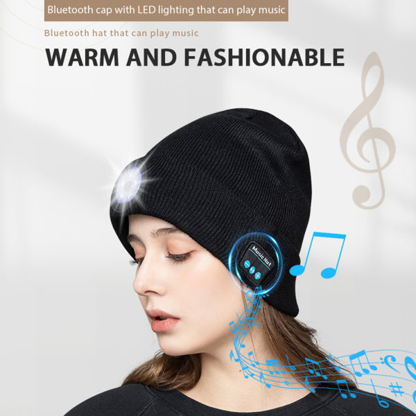 LED-hat Bluetooth-hörlursmössa med lys mode vinterhat for mænd kvinder resor udendørs løbning vandring cykling sort