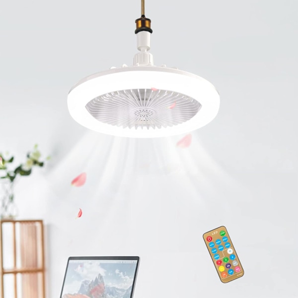 LED Takvifte med Lys, 30W Taklampe med Vifte og Fjernkontroll, Timer, 3 Farger Dimbar LED, 3 Hastigheter, Liten Elektrisk Viftelampe (Hvit)
