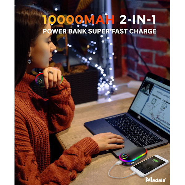 Håndvarmer oppladbar med lys (7 farger), 10000mah Luminescens Elektrisk Håndvarmer, (13-18 timer)