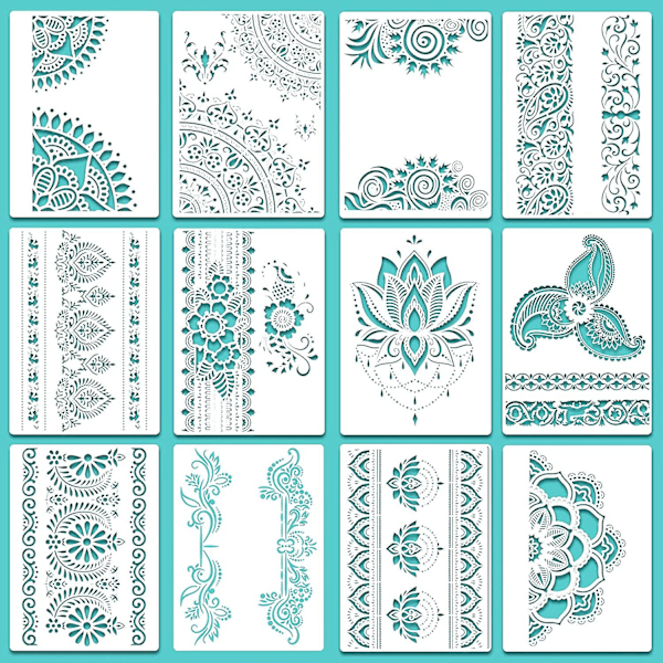 12 Store Mandala-Skabeloner, Genanvendelige Mandala-Malingsskabeloner 21 x 29 cm, Blomstermønster Skabelon, Mandala-Tegning (FMY)