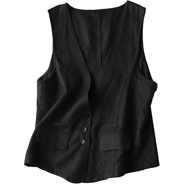Damväst i bomullslinne, avslappnad lös V-ringad ärmlös västjacka Svart Black 2XL