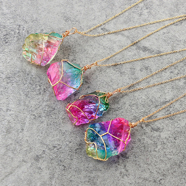 Naturlig kristall regnbågsstenhänge Naturlig oregelbunden stenstenshänge omlindad med tråd for smyckestillverkning