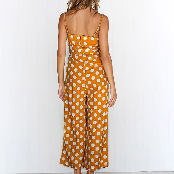 Kvinnors Strappy Holiday Playsuit Dam Jumpsuit Beach Pricktryckt Bred Ben For sommar Ny Gul XL