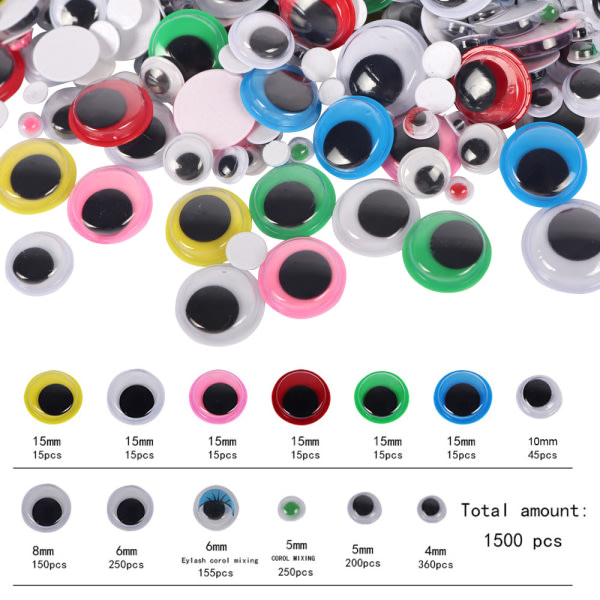 1500 stycken 4/5/6/8/15mm plastleksaker med plastögon, färg