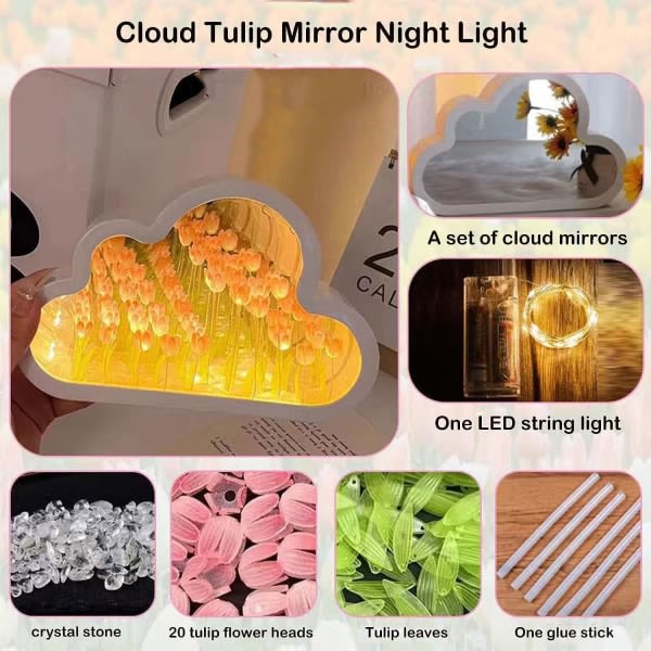 20 Flower Cloud Tulip Mirror Nattljus, LED-tulpanlampa Sovrumsdekoration Ungdom Flicka Kreativ present, födelsedag, årsdag, mors dag. (Rosa)