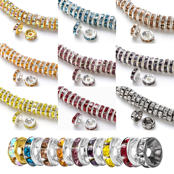 100 st 8 mm Rondelle-pärlor Strasskristall Løs runde distanspärlor for armbånd Halsband Smyckenstillverkningsdekorationer (sølv)
