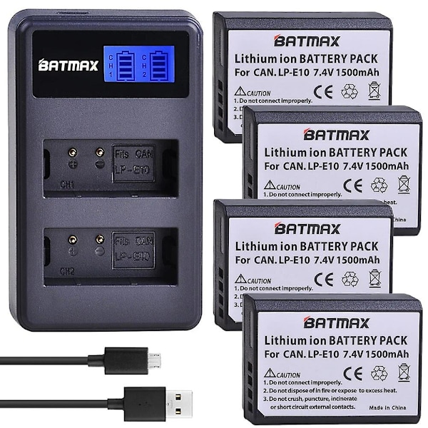 4x LP-E10 LP E10 LPE10 Kameran akut + LCD USB Kaksoislaturi Yhteensopiva Canon EOS 1100D 1200D 1300D Kiss X50 X70 X80 Rebel T3 T5 T6 4battery n charger