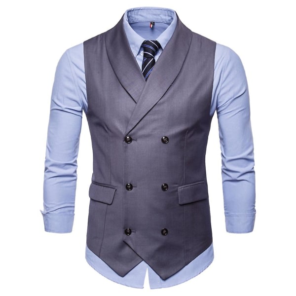 Allthemen Mens Business Formell Enfärgad Lapel Dubbelknäppt Slim Vest Gray S