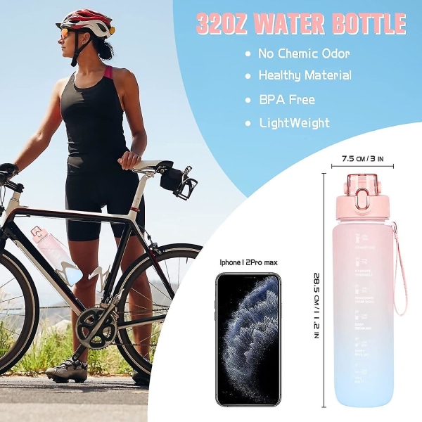 Vesipullo 1l, juomapullo vuototiivis, vesipullo aikamerkinnöillä ja suodattimella, motivoiva vesipullo Bpa vapaa juoksuun, pyöräilyyn,