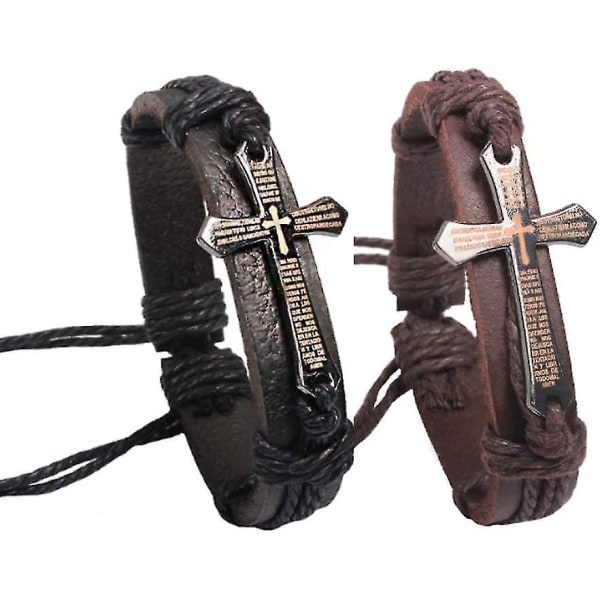 Handgjorda läderarmbandsset for Heilwiy män och kvinnor Vintage Cross Beads Flätad svart punkpresent