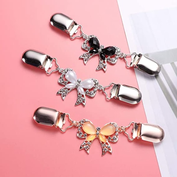 3 stk Genserkjede Creative Crystal Bowknot Genserklemmer Cardiganklips for kjoleklær (hvit, svart og rosa gull)