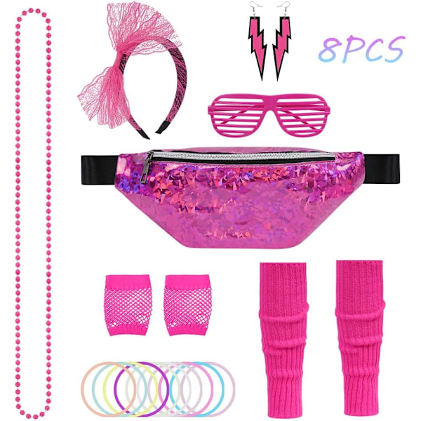 80'er Neon Festtøj Kostume Tilbehør Sæt, 1980'er Retro Tema Fest Dekoration Outfit til Kvinder Piger Med taske - Rose Rød With bag - Rose Red One size