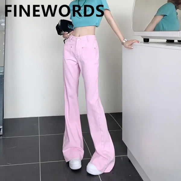 FINORD Retro Ljusrosa Bell Bottom Jeans Dam Med Pocket Streetwear Hög midja Baggy Jeans Lösa koreanska Flare Denim Byxor Rosa XL