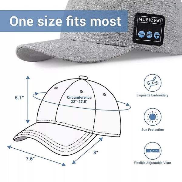 Bluetooth Høytaler Baseball Cap Trådløs Høytaler Sport Cap Pappa Hatt For Utesport Grå