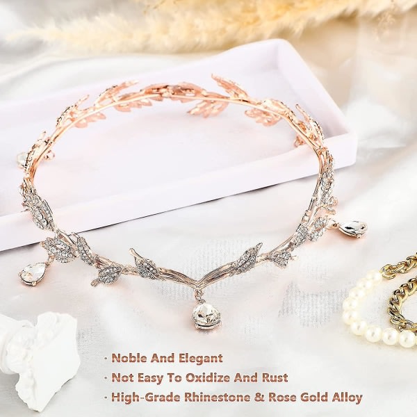 Rhinestone Leaf Wedding Tiara Crown Pannband Cosplay Fairy Pixie Alf Ears For Brides Pageants Wedding Prom (Rose Gold)