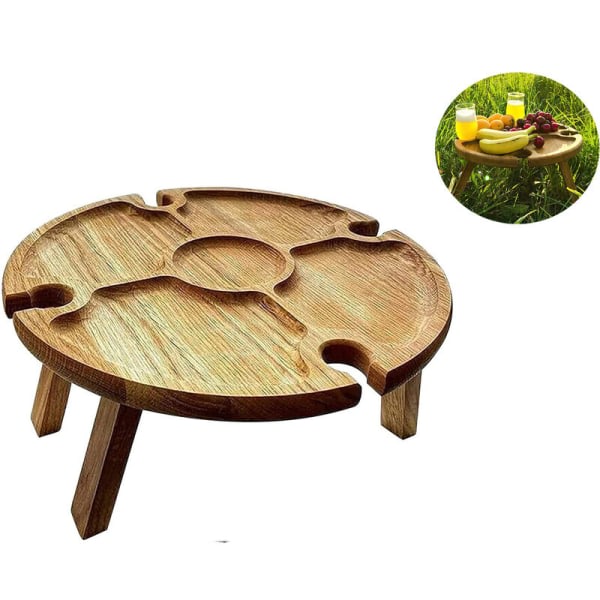 Fällbart picknickbord - Fällbart træbord med glashållare, rund vinglashållare, bärbart hopfällbart bord for camping og vandring MODOU