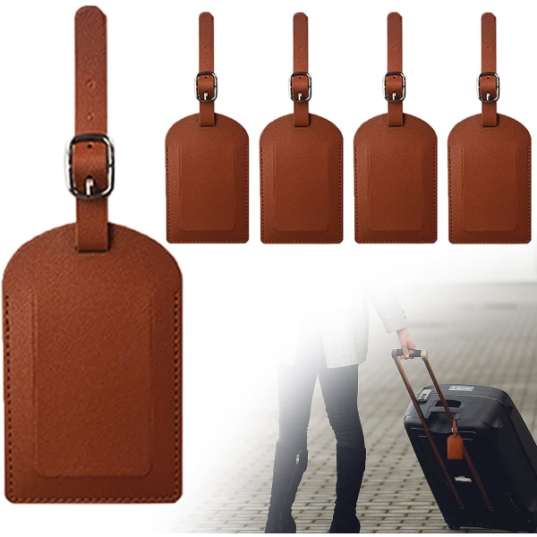 Bruna 4-pack PU-läderbagagetaggar med namnskyltar för resväska