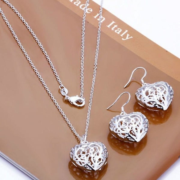 925 Silver Heart Hollow Smycken Set med örhängen och halsband