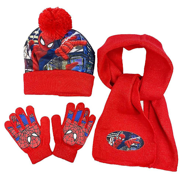 3 st Barn Pojkar Flickor Spiderman Mössa Halsduk Vantar Spider-man Höst Vinter Varma Stickade Set 3-8 År [DB] Red