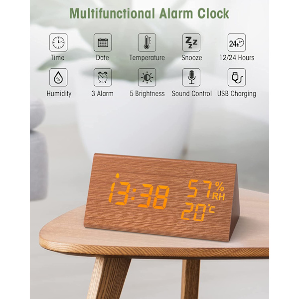 Vekkerklokke digital klokke tre, bordklokke digital med dato/temperatur, for nattbord, soverom, barnerom og kontor - svart