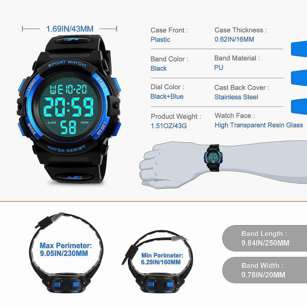 Poikien digitaaliset kellot, vedenpitävä lasten urheilukello hälyttimellä/ajastimella/sähkövalolla, sininen lasten digitaalinen ulkokello teini-ikäisille pojille