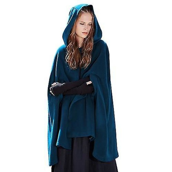 Casual Hooded Cape Coat, Mode Lös Solid Winter Coat Ytterkläder m blå