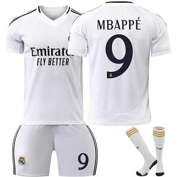 24-25 Real Madrid Mbappe 9 Hjemmefotballtrøye Ny Sesong Siste Fotballtrøyer For Voksne Og Barn Fotball H Kids 16(90-100cm)