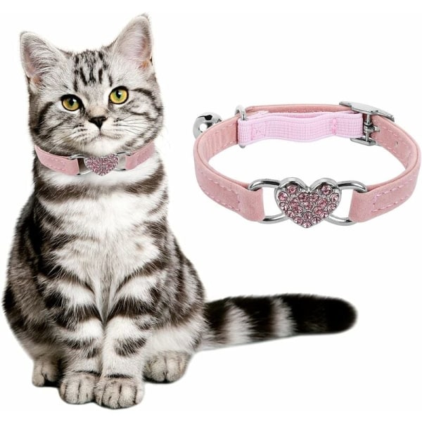 Hjärtformat katthalsband med klocka, justerbart katthalsband med sikkerhetsbälte, rhinestone djurhalsband for små katter (rosa) - MODOU