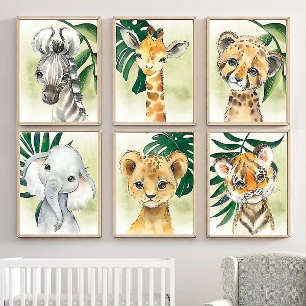 6 affischer Skogsdjur Baby Barn A4-affisch Elefant Lejon Giraff Zebra Tiger Bilder Sovrumsdekoration Oinramad