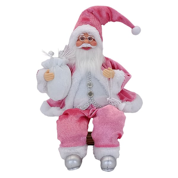 Sittende nisse med gavepose og bjørn, nissedekorasjon, sittende nisse juleplysjpynt, interiørgave (rosa)