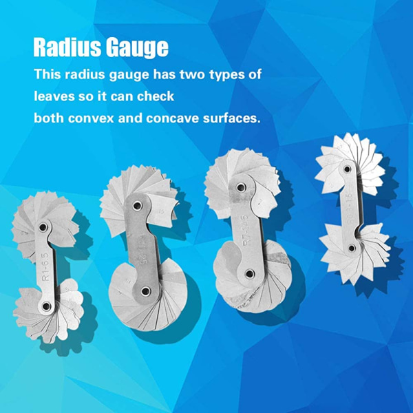 4 stk radiusmålere konkavt konveks måleværktøj Rustfrit stål radiusmåler, måleområde R0,3-1,5 / R1-6,5 / R7-14,5 / R15-25