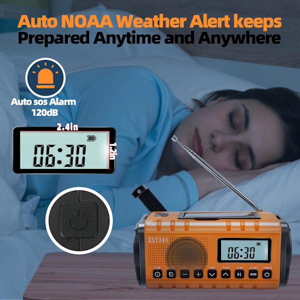 Nødradio, NOAA Væradvarsel, Solhåndvev AM/FM Radio for Overlevelse, 10000MAH Oppladbart Batteridrevet Radio, Klokka SOS Alarm & Lommelykt Orange