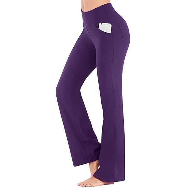 Vanliga elastisk yogabyxor med høy midja for kvinner Andas bekväma byxor i full längd vid ben sommar Casual Flare byxor Lila M
