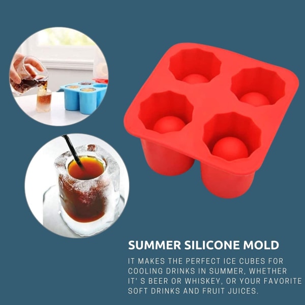 Pakk silikonisbitbrett - 4 gigantiske koppformede isbiter for sommer, bar, fest, øl, is, tilbehør til drikkevarer (rød+blå)
