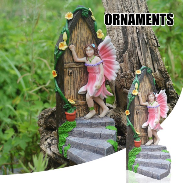 Fairy Garden Staty Little Elf knackar på dörren Handgjord hartskonstprydnad för inomhus utomhushylla Rosa