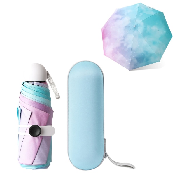 8 ribben mini paraply med kapsel etui, UV-beskyttelse paraply med ergonomisk håndtag, Rainbow bærbar lommeparaply til mænd, kvinder, Hurtigtørrende