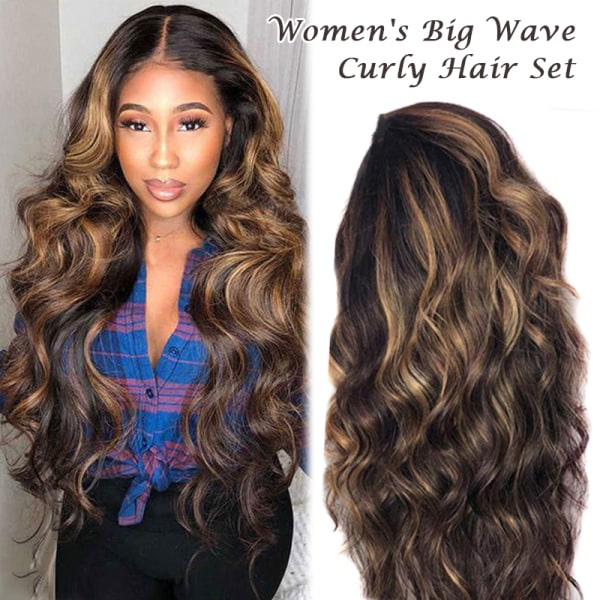 Kvinnors Big Waves Peruker Center Point Färgad Svart Gradient Brun Långt lockigt hår Nysvart