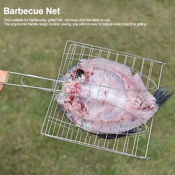 Grillet fiskekurv i rustfrit stål med aftageligt træhåndtag, grillkurv til fisk, kød og burger