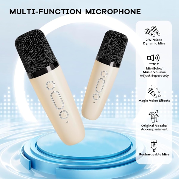 Mini Karaoke Maskine, Bærbar Bluetooth Højttaler med 2 Trådløse Mikrofoner, Legetøj Fødselsdagsgaver til Småbørn Teenagere (Beige) Beige