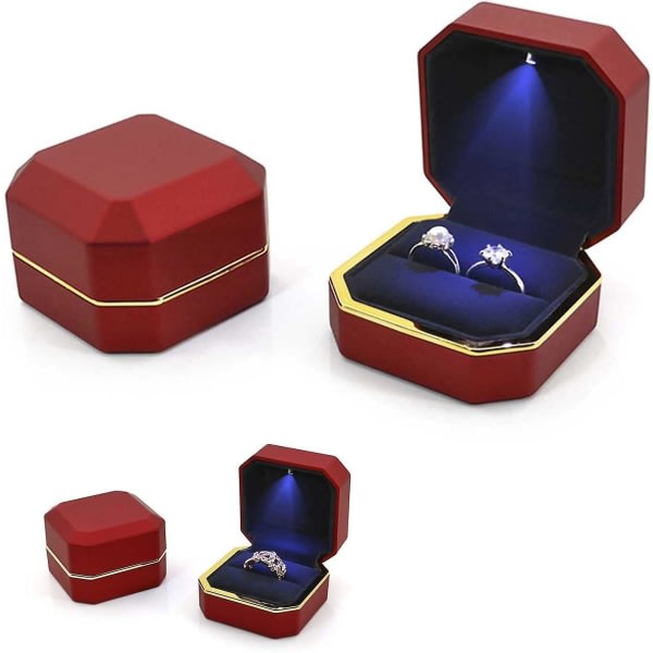 Lyxig fyrkantig sammetsringbox med led-ljus för äktenskap, förlovning, bröllop, röd