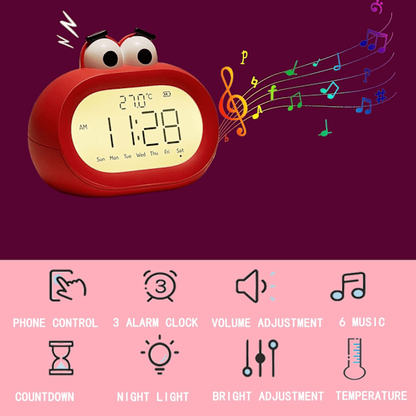1 punainen söpö digitaalinen herätyskello lapsille, jossa yövalo ja ajastin