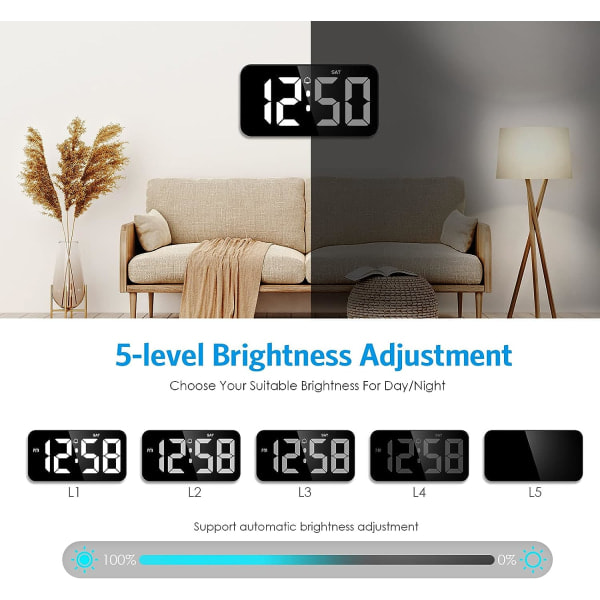 Digital veggklokke Stor skjerm, 11' stor digital klokke med automatisk nedblending, 12/24H, stille veggklokke for stueinnredning