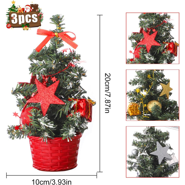 3 stk Mini kunstigt juletræ med pynt, 20cm bord